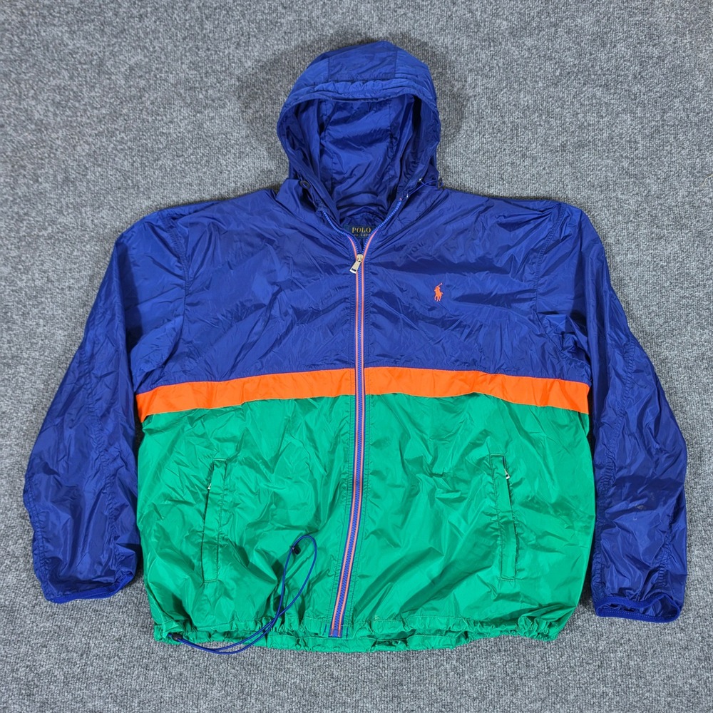 Polo Ralph Lauren Mens 3XB Windbreaker Jacket Colorblock Blue Green Orange Hood